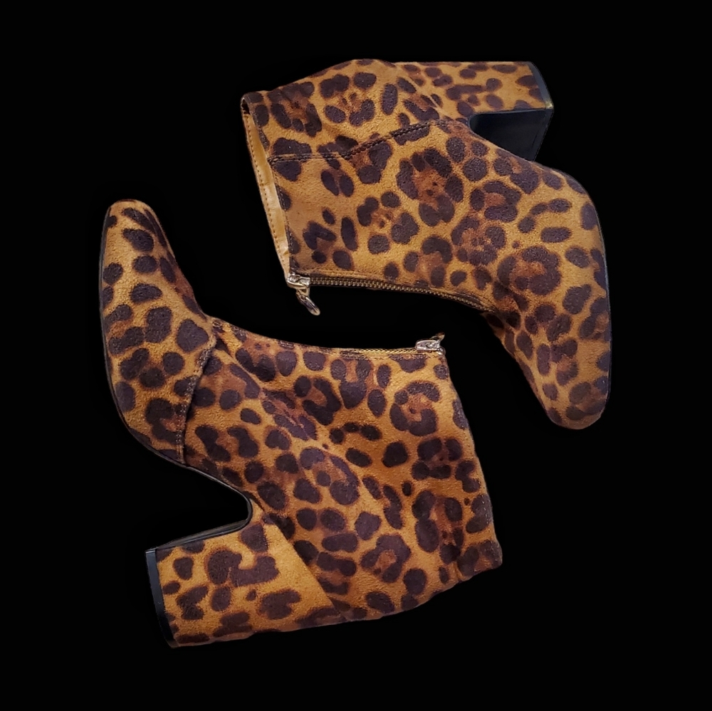 C Comfort Leopard Print Ankle Block Heel Booties With Zip Front.